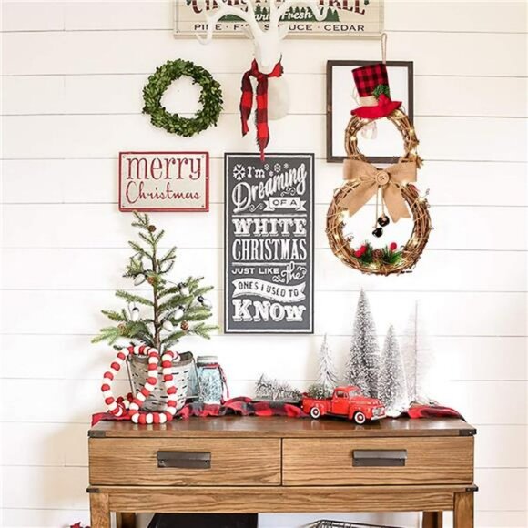 16 x 8 Inch Lighted Christmas Wreath Decoration, Grapevine Wreath with Hat & Bow - Picture 2 of 7